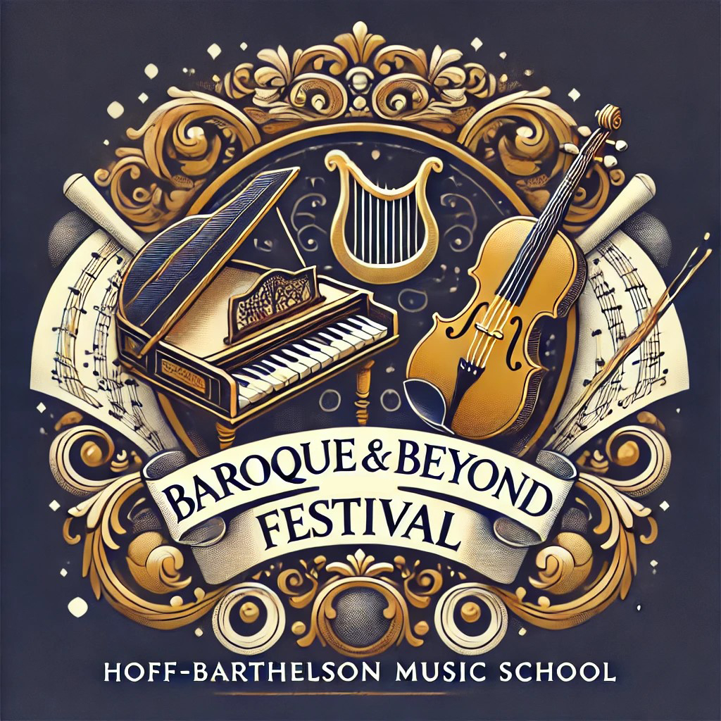 Baroque and Beyond Festival Logo with ornate decorations, harpsichord, violin and lyre