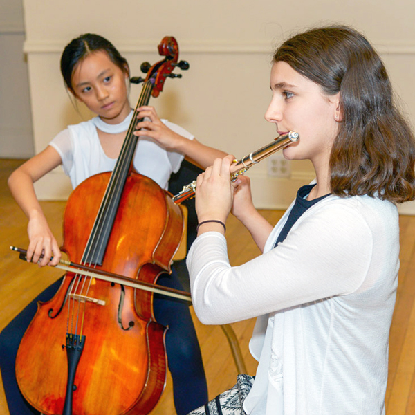 Girl playing Flute and Girl playing cello