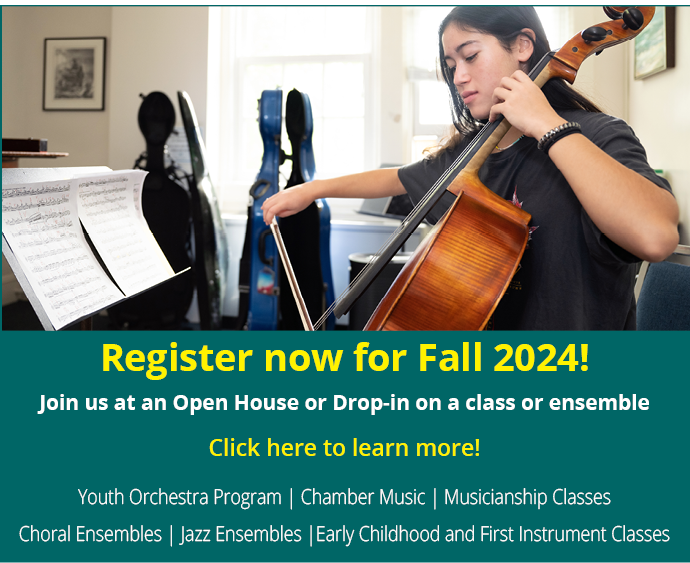 Girl playing cello and text register now for Fall 2o24