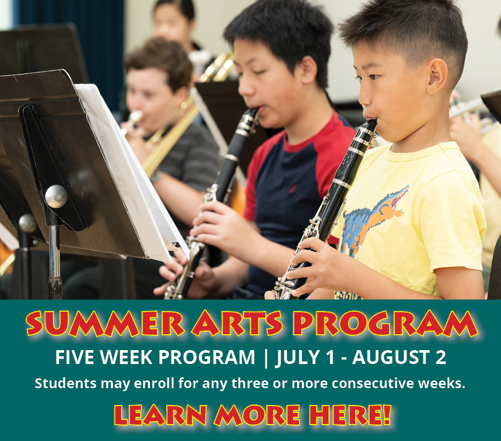 Boys playing clarinets with Summer Arts Program Text