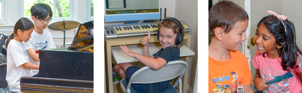 three photos, teens playing piano, teen boy giving thumbs up in music lab, two smiling children with recorders
