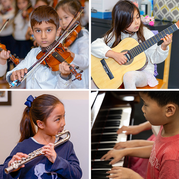 Students playing the violin, flute, piano and guitar